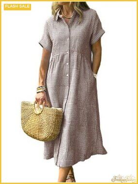 Women's Short Sleeve Plaid Button Down Shirt Dress Mid Maternity